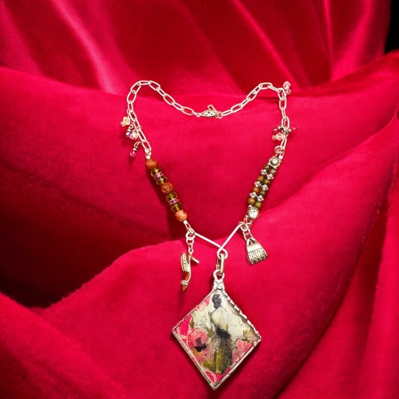 Tiny Art Canvas Silver & Glass Pendant w/ Unakite & Pink Jasper Artisan Necklace - Picture 12 of 17